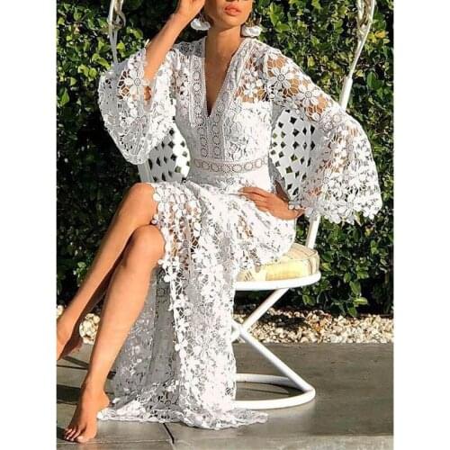 Spring Summer Women Sundress Sexy Lace Split-Joint Slim Maxi Dress Bohemian Backless Ruffle Dress Vintage Long Beach Dress