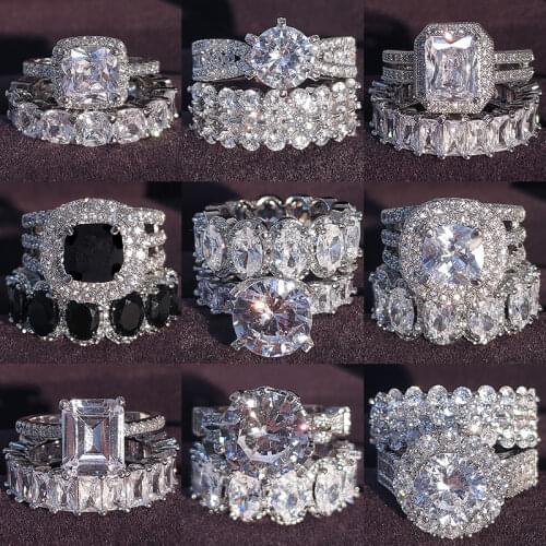 Luxury Real 925 Sterling Silver Oval Princess Cut Wedding Ring Set For Women Engagement Band Eternity Jewelry Zirconia R4975