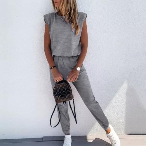 2021 Women Casual 2 Piece Sport Set Black Grey Shoulder Pad Sleeveless Top Pocket Pant Two Piece Set Sweatpants Streetwear Suits