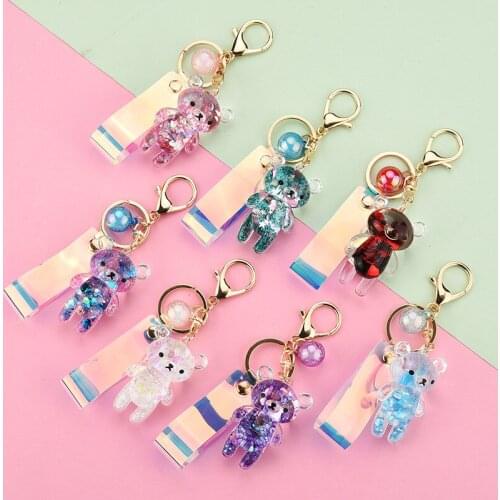 Acrylic Liquid Flashing Quicksand Bear Keychain Creativity Cute Cartoon Bear Key Ring Couple Woman Men Car Bag Key Pendant Gift