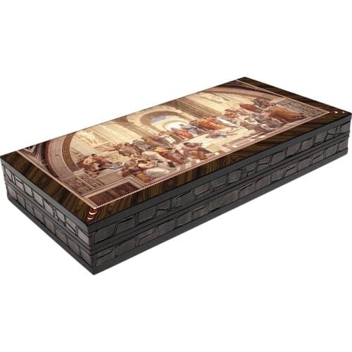 Artwork The School of Athens Wooden Big Size Backgammon Board Game Set Outer Edge Leather XXL