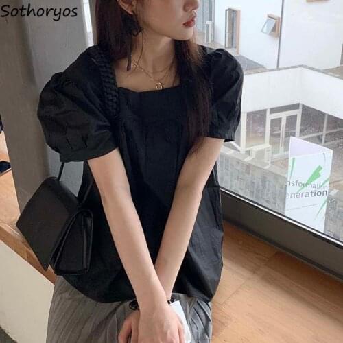 Square Collar White Blouses Women Short Puff Sleeve Pleated Loose Blouse Girls Simple All-match Korean Style Ulzzang Outwear Ins