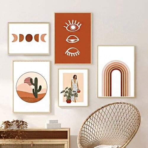 Boho Wall Art Canvas Painting Burnt Orange Rainbow Prints Nordic Posters Abstract Woman Plants Pictures Over the Bed Wall Decor