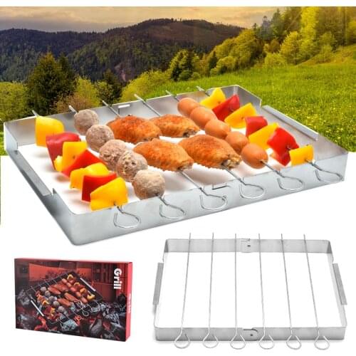 Big Size Barbecue Forks Outdoor Flat Durable Tool Reusable Grilling Stainless Steel Sticks Simple Rack Include 6 pcs BBQ Skewers