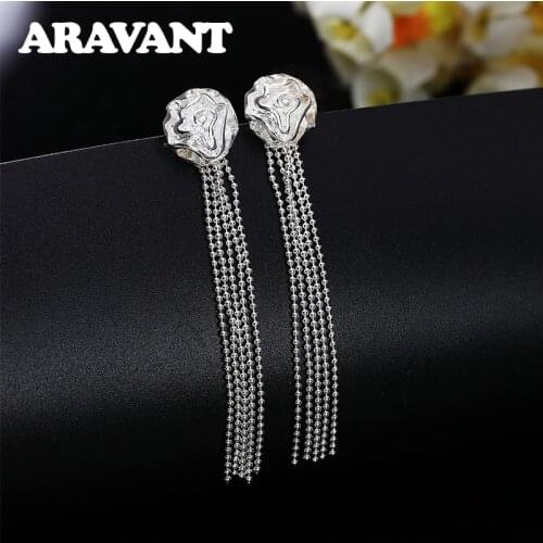 Silver 925 Bead Long Chain Tassel Drop Earrings For Women Korean Style Rose Flowers Dangle Earring Fashion Jewelry Gifts