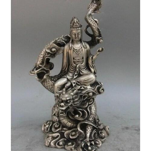 China White Copper Silver Kwan-yin GuanYin Boddhisattv Goddess Sit Dragon Statue