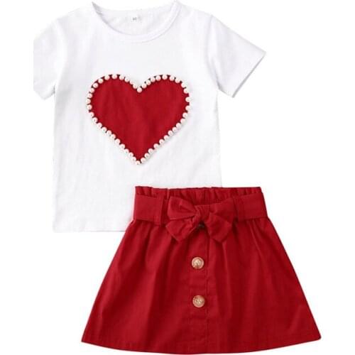 1-5Y Baby Summer Clothing Infant Kid Valentine Outfits Pearls Heart Top Short Sleeve T Shirt Skirt 2Pcs Clothes Sets Red
