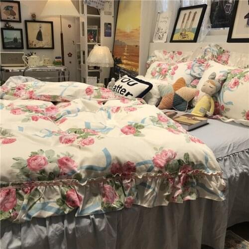 European and American Style Bedding Set Retro Pastoral Style Rose Bed Skirt Duvet Cover Four-piece Set Pure Cotton Bedding