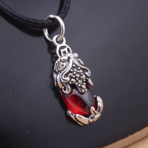 Fine Sterling S925 Silver Pendant Women Luck Bless Garnet Pixiu Pendant 25x8mm Best Gift
