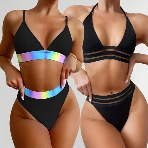 Sexy Triangle Push Up Bikinis Swimwear Brazilian Bikini Set Glitter Spaghetti Bathing Suit Splicing Beach Wear Biquini Bather