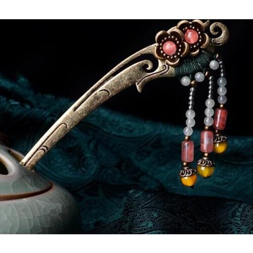 Copper Alloy Vintage Ethnic Hair Sticks Traditional Natural Stone Pendant Tassel Hairpins For Women Unique Jewelry Hair Jewelry