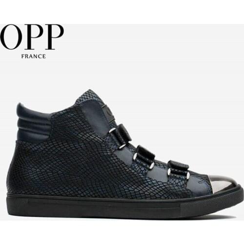 OPP Punk Hop Hip Metal Rivet Snakeskin Men Shoes Ankle Boots Men High Top Men Boots Genuine Leather Sneakers Hook&Loop Shoes