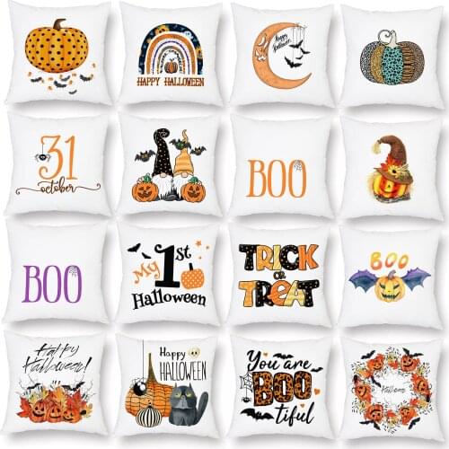 Happy Halloween Cushion Covers October 31 Pumpkin Boo White Polyester Pillow Case 45X45cm Sofa Decor