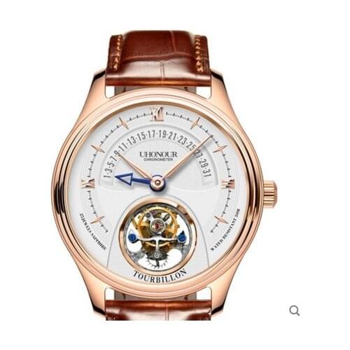New Men Tourbillion Watch Mechanical Hand Winding 25 Jewels Sapphire Alligator Leather Date Luxury Gift