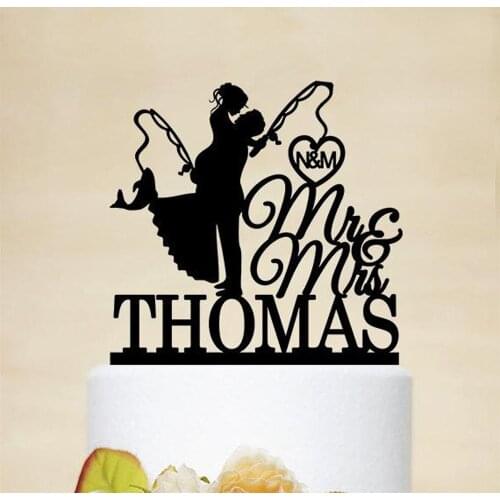 Personalized Wedding Cake Topper, Fishing cake topper with Mr & Mrs ,Bride and Groom Wedding cake topper silhouette Decoration