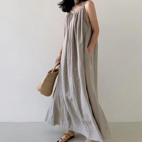 High-End Sexy Khaki Spaghetti Strap Summe Linen Dress O-neck Backless Long Dresses For Women Holiday Party Dress Vestidos