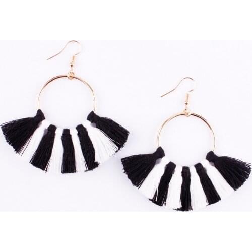ZWPON New Bohemian Cotton Thread Fan Fringe Tassel Earrings Geometric Circle Hollow Cotton Tassel Drop Earrings for Woman