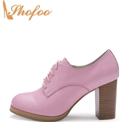 Shofoo Women Sweet Pink Grain Leather Chunky High Heels Round Toe Dress&Office&Career&Party Lace-up Shoes ,Large Size 4-16