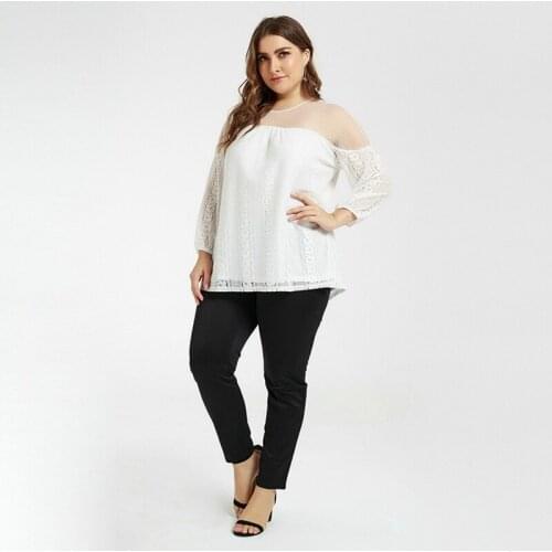 Summer Tops For Women 2021 Lace Stitching Sexy Perspective European and American Plus Size Long Sleeve Solid Color Pattern