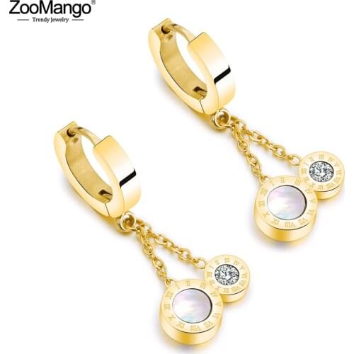 ZooMango Black White Shell Double-sided Roman Numeral Earrings For Women Tassel Titanium Steel Hoop Earrings Jewelry ZE18116