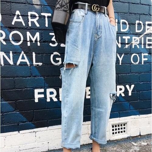 FTLZZ New Arrival Summer Women Washed Loose Denim Jeans Pants Ankle Length Harem Pants Female Hole High Waist Trousers