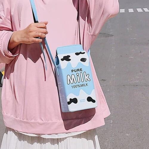 Women Carton Purse Milk Box Portable Kawaii Mini Travel Fashion Girls Adjustable Strap Handbag Crossbody Shoulder Bag PU Leather
