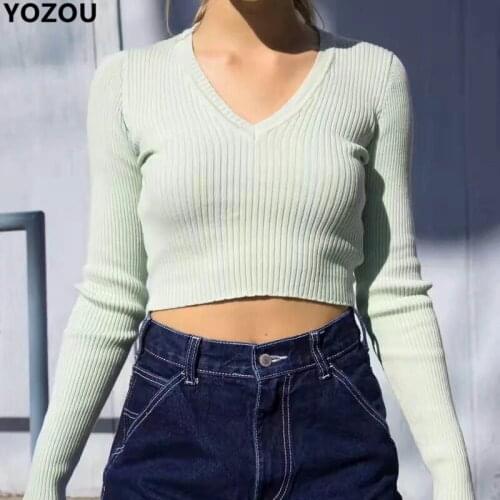 Women casual vintage e-girl autumn solid v-neck green solid slim bodycon knitting knitwear short sweater for female in 8 colors