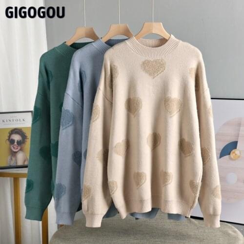 GIGOGOU Love Print Knitted Fluffy Sweater Green Pink Oversized Pullover Women Winter Loose Long Sweaters Streetwear Sueter Mujer