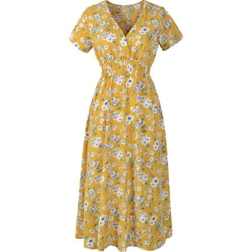 Womens Midi Dress Summer Vintage Floral Print Holiday Dress Ladies Casual Elastic Draped V Neck Beach Party Dress Basic Daliy