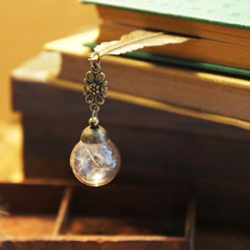 2PCS 16MM Glass Ball Feather Bookmark,Tibetan Bookmarks Metal Bookmarks Feather Bookmark Christmas Gift