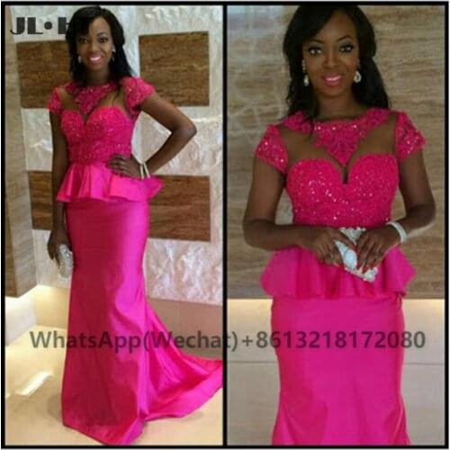 2021 Hot Pink Wedding Party Gown African Bridesmaid Dresses Long with Lace Appliques Cap Sleeves Black Womens Bridesmaid Gowns