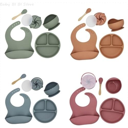 5 Pcs Baby Bibs Drooling Burp Aprons+Suction Dish Bowl+Sucker Dinner Plate+Spoon+Cup Set Silicone Tableware Kit