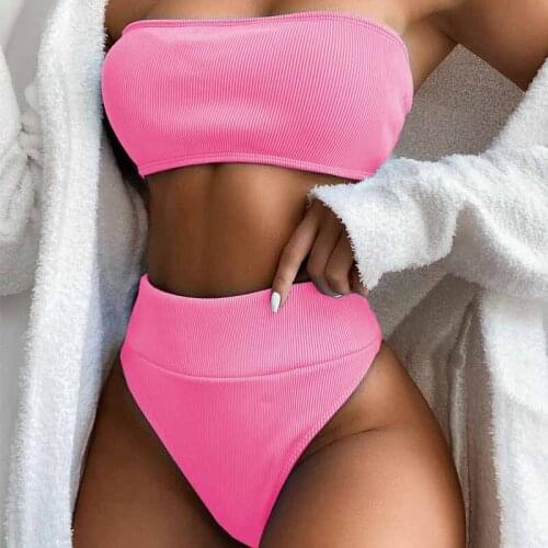 Bandeau High Waist Bikinis Lady Swimsuits Swimwear Women Black Strapless Biquini High Cut Bathing Suit Women 2020 Beachwear E88