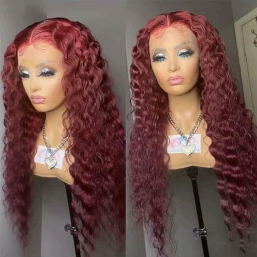 Burgundy Lace Front Human Hair Wigs #99J Curly Lace Front Wig Brazilian Remy Closure Wig For Women Pre Plucked T Part Lace Wig