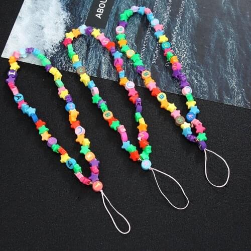 Mix Color Heart Flower Letter Soft clay Beads Phone Chain Random Colorful Beaded Anti-lost Phone Chain Lanyard Mobile Rope Girls