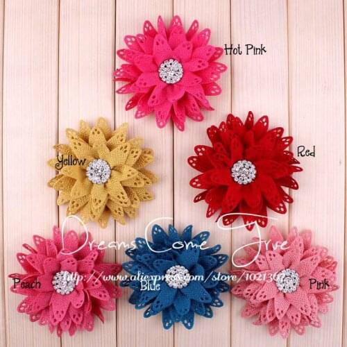 200pcs/lot 3.6" 6Colors Artificial Hollow Out Hair Flowers Newborn DIY Fabric Flowers+Bling Rhinestone For Children Accessories