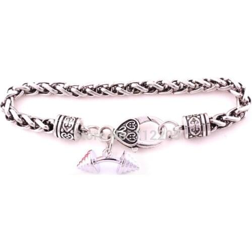 Bent dumbbells charm chain Bracelets 10pcs a lot Wheat Link Chain Fitness Weightlifting Gym bracelet