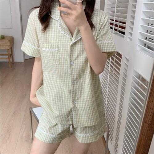 Lacework plaid home clothes 2 piece set pajamas set sleepwear women homewear short sleeve korea loose shorts loungewear Y548