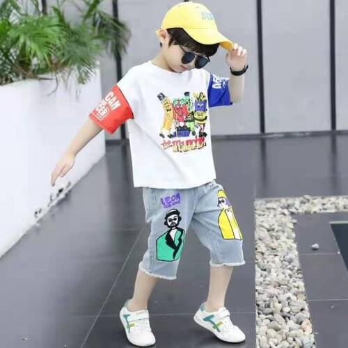 Summer children clothes 2021 boys Teen clothing cool cotton casual short sleeve T-shirt+denim shorts 2-13Y kids clothes 4