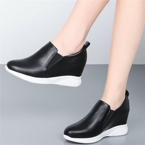 7cm High Heel Platform Loafers Women Genuine Leather Wedges Ankle Boots Female Low Top Round Toe Fashion Sneakers Casual Shoes