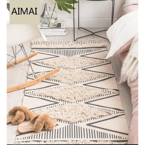 Moroccan Tufted Cotton Handmade Woven Rug Comfortable Tassels Printed Indoor Floor Carpet for Bedroom,Living Room with Non-slip