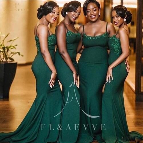 Fashion Green Elastic Satin Mermaid Wedding Party Dresses for African Women Bridesmaid Dress Spaghetti Straps Prom Gowns
