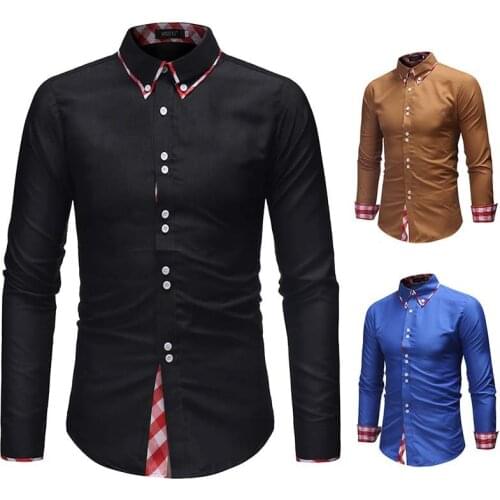 Mens Shirt Long Sleeve Turn Down Collar Plaid Patchwork Cardigan Shirts Casual Single-Breasted Slim Type Tops