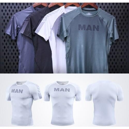 2021 Men Gym T-shirts MAN Tights Training Shirts Quick Dry Sports Fitness Compression Shorts Sleeves Running New Tee -40