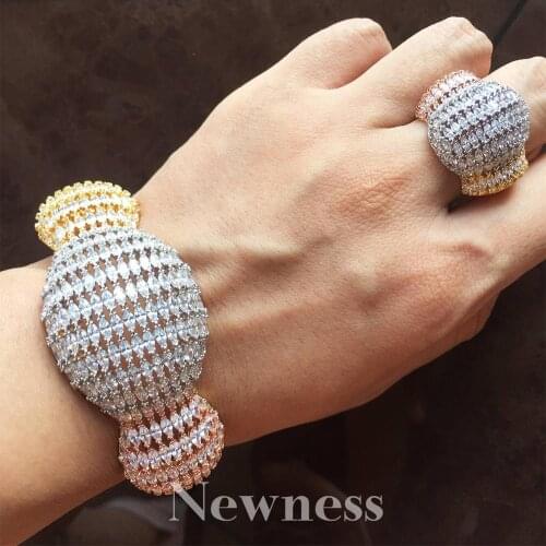 NewnessFashion Luxury Super 3 Tone Boom Flowers AAA Cubic Zirconia Women Engagement Party Width Bracelet Bangle And Ring Set