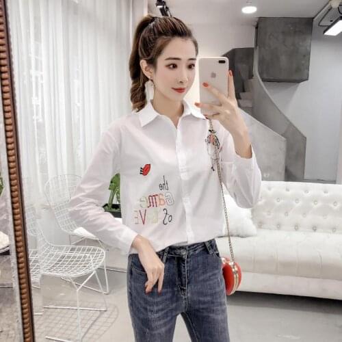 New Arrival Women White Shirt Letter Lip Girl Embroidery Full Sleeve Cotton Blouse Turn Down Collar Plus Size Loose Casual Top