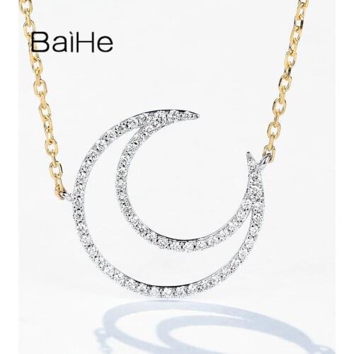 BAIHE Solid 18K White+Yellow Gold 0.15ct H/SI Round Cut Natural Diamonds Fine Jewelry Beautiful Moon Diamond Necklace