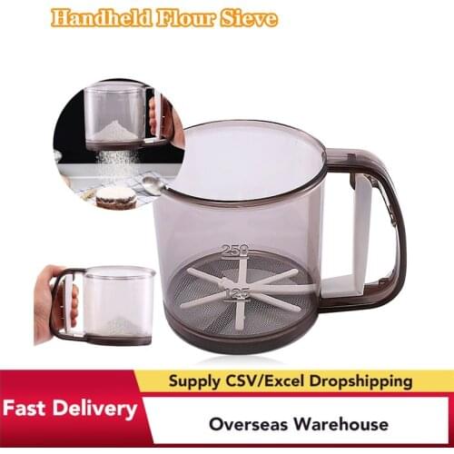 Plastic Sieve Cup Powder Flour Baking Tool Icing Sugar Mesh Sieve Colander Crank Sifter With Measuring Scale