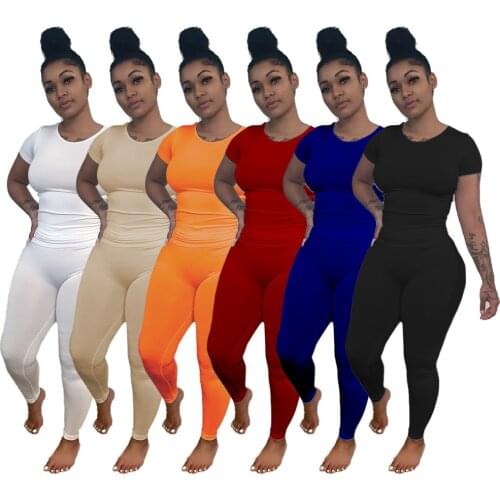 Casual Solid 2 Pieces Sport Tracksuit Short Sleeve O Neck T-shirt Top and Long Skinny Pants Women Summer Outfits Loungewear
