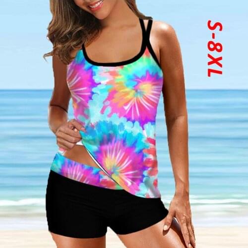 Plus Size 8XL Women Tankini with Shorts Retro Print Floral Swimsuit Ladies Bikini Set Two Pieces Swimwear Tankini Beachwear